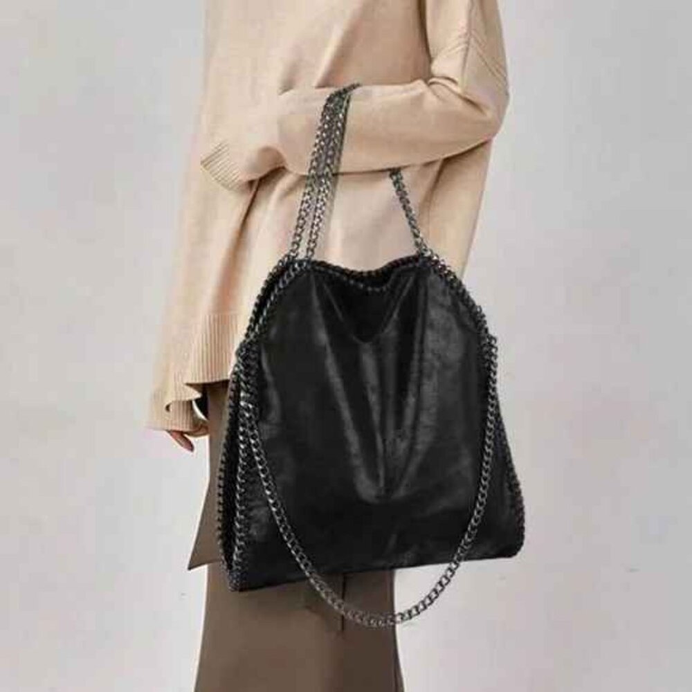 Luxe Soft Vegan Leather Chain Shoulder Tote Bag